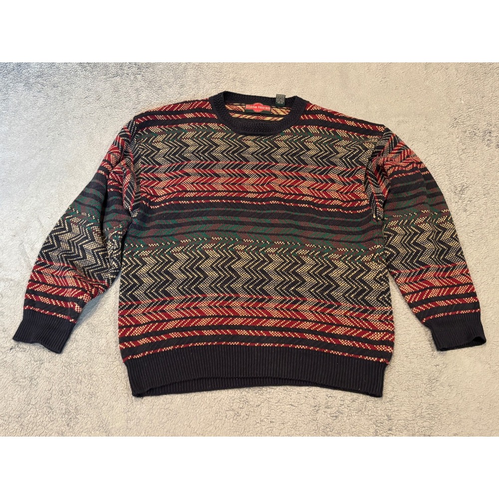 Stone Haven Vintage Geometric Zig Zag Knit Sweater Mens 2X Ramie Cotton Navy Red